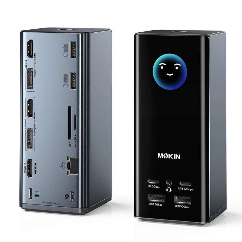 MOKiN 17-in-1 USB-C docking station supporting triple 4K monitors with a smart LCD display