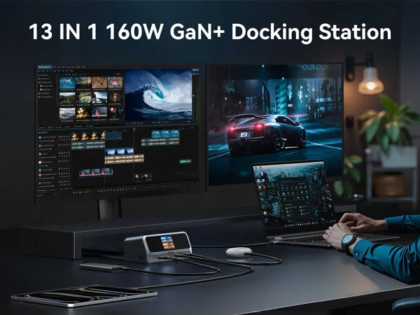 MOKiN 13-in-1 USB-C docking station with 2.26-inch LCD smart display showing charging status