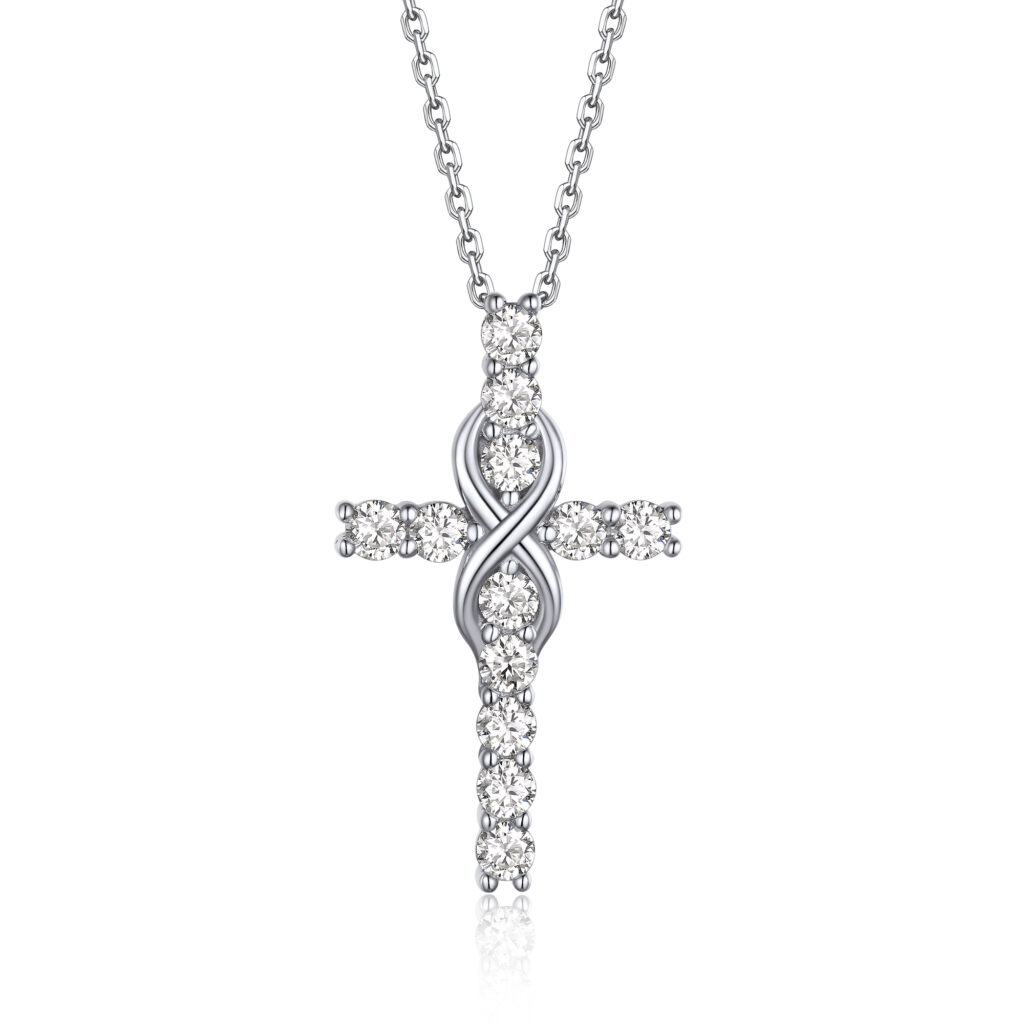 MomentWish Moissanite Cross Infinity Pendant Necklace in white gold