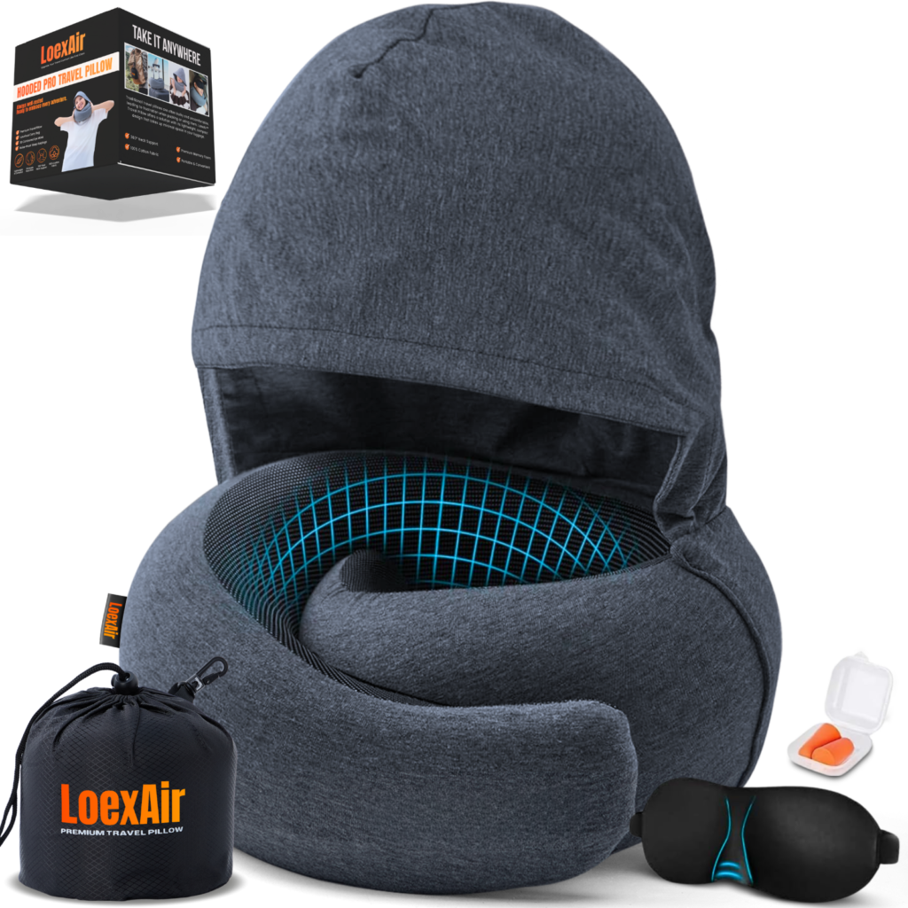 LoexAir Hooded Pro Travel Pillow shown with hood extended