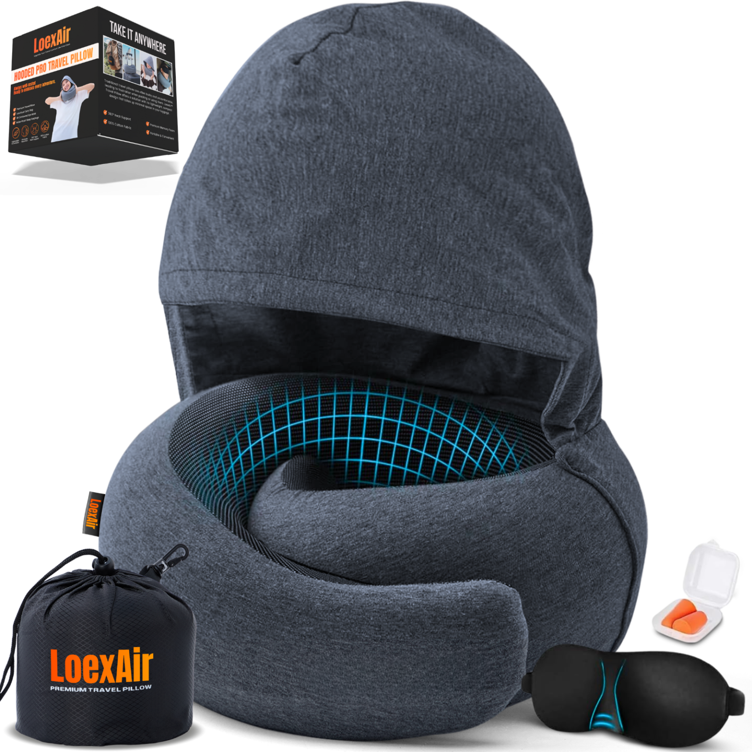 LoexAir Hooded Pro Travel Pillow Review: What 32,850 Buyers Are Saying LoexAir Hooded Pro Travel Pillow shown with hood extended