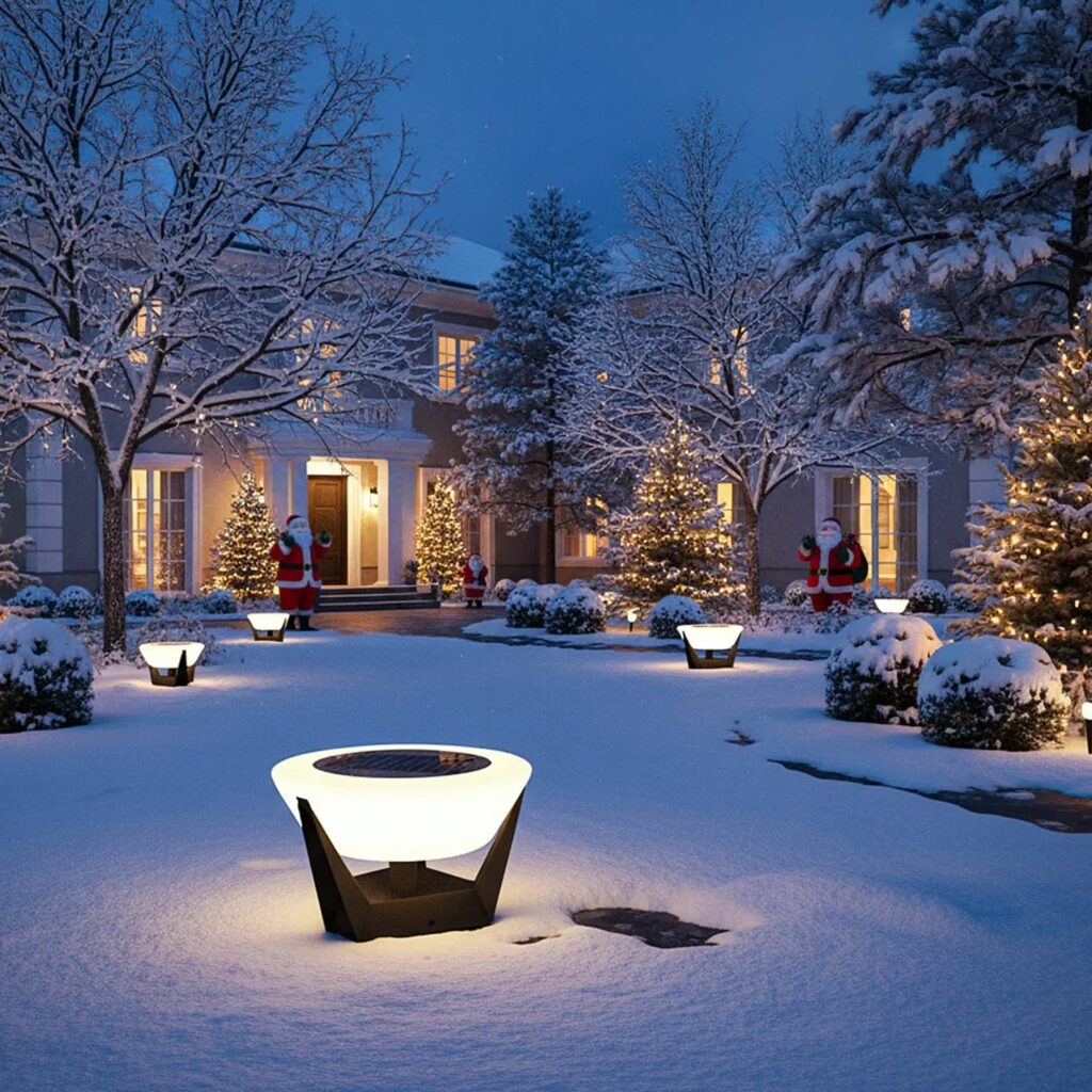 Masdio Solar Outdoor Lighting with Remote Control lit up at dusk