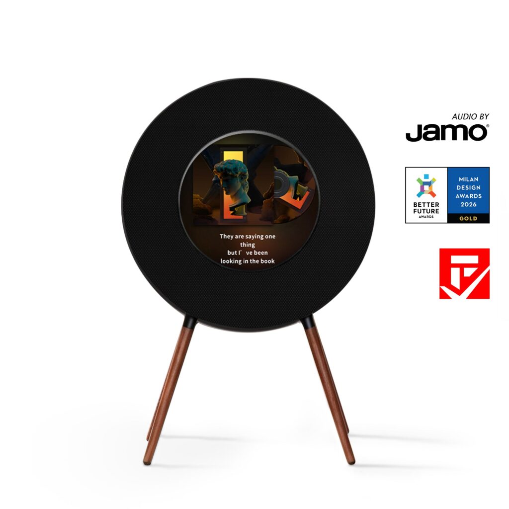 MorningBlues Record R1 speaker with circular lyrics display in white finish