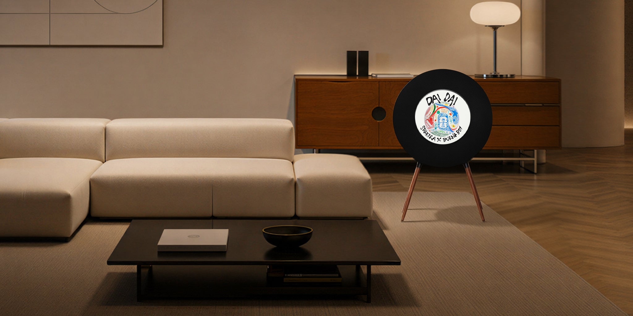 MorningBlues Record R1 speaker displayed in a home living room setting