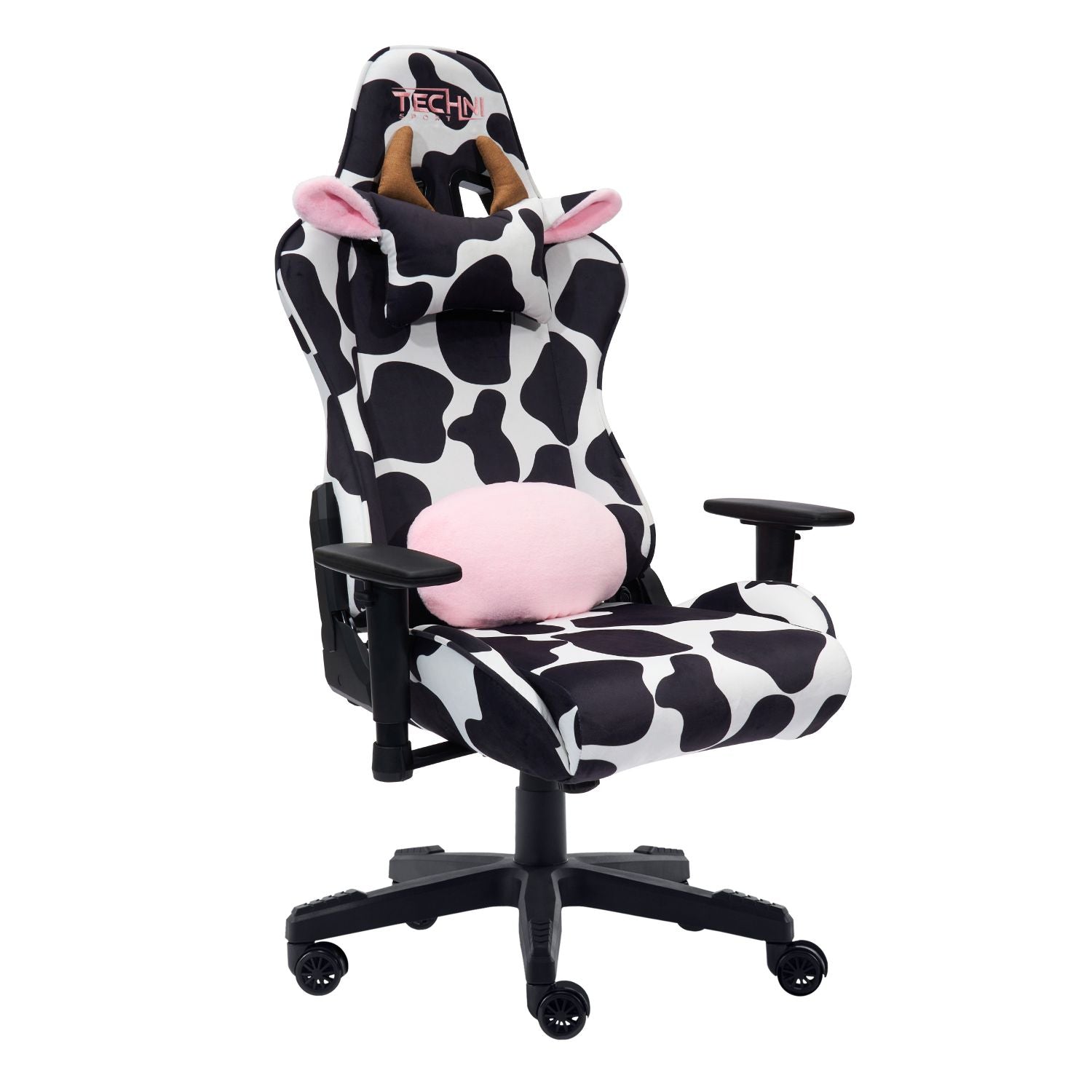 Side angle view of the Techni Sport Cow Gaming Chair showing recline and armrests