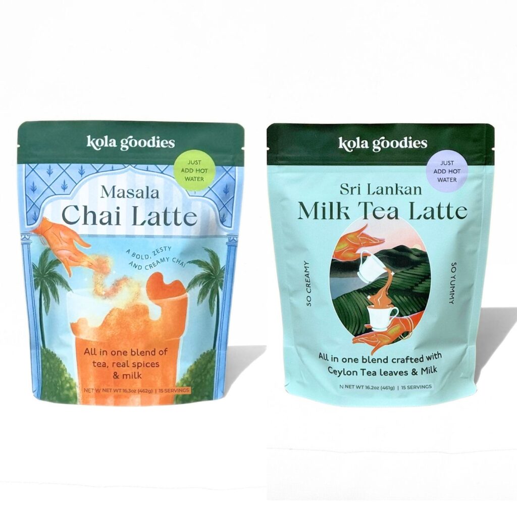 Kola Goodies Masala Chai and Sri Lankan Milk Tea Latte packets side by side