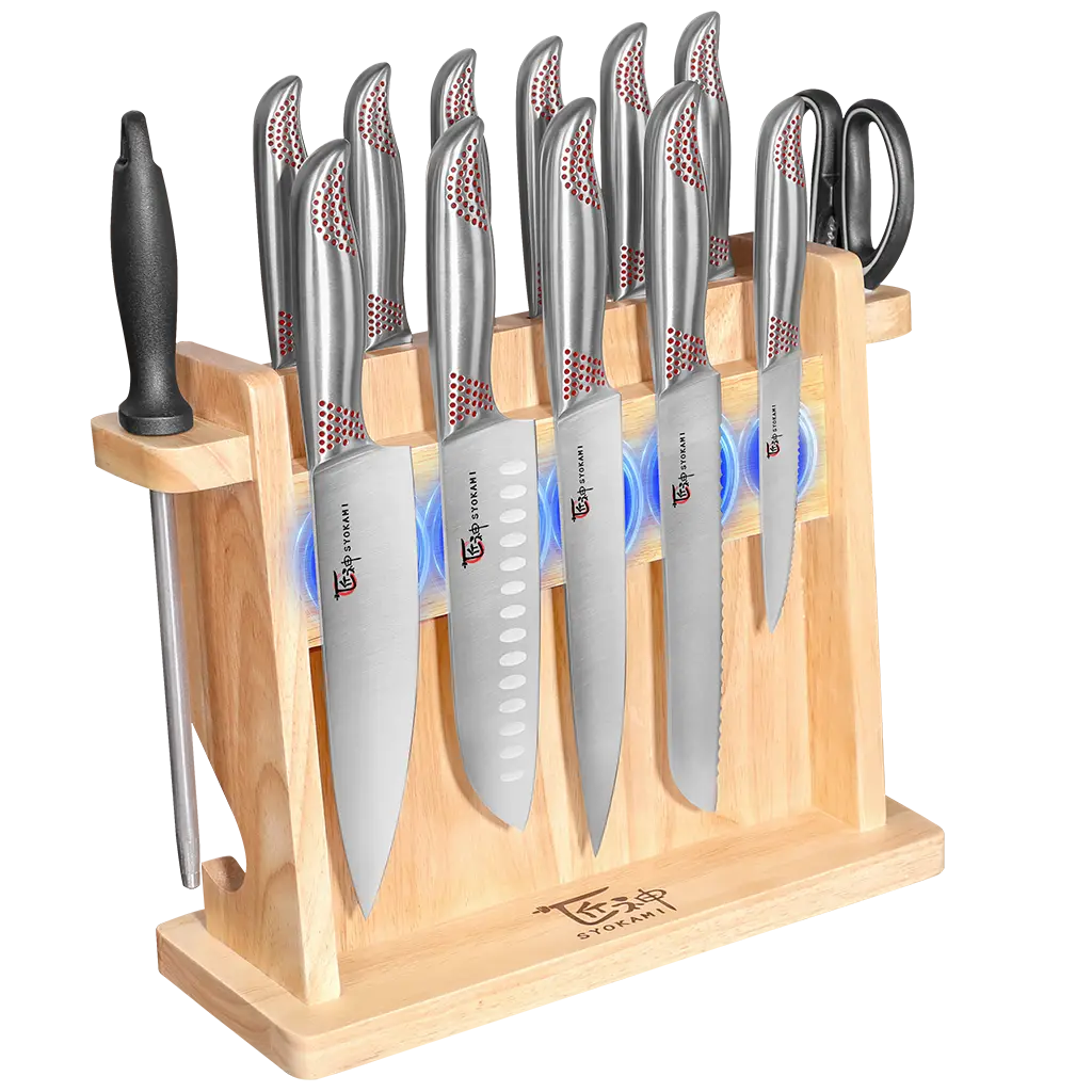 Syokami Modern Japanese Knife Block Set, 14 pieces, on a kitchen counter