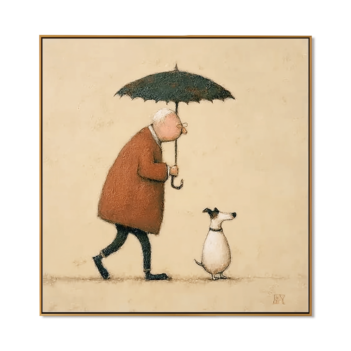 Gentle Rain Companion acoustic wall art from IrisLeeGallery, showing a person and small dog under an umbrella