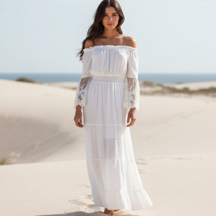 Boho Beach Hut white lace maxi dress on a model
