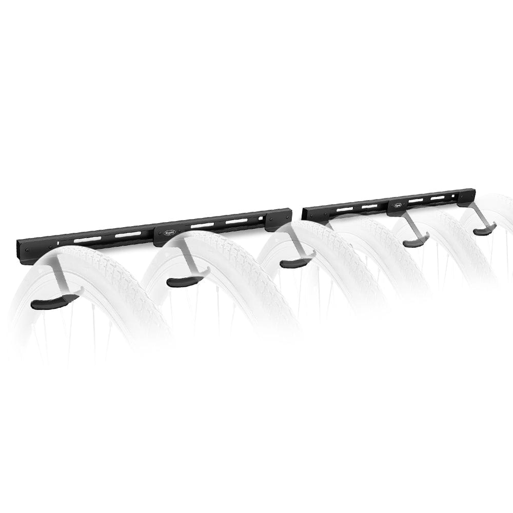 Koova wall mounted bike rack holding six bikes in a garage