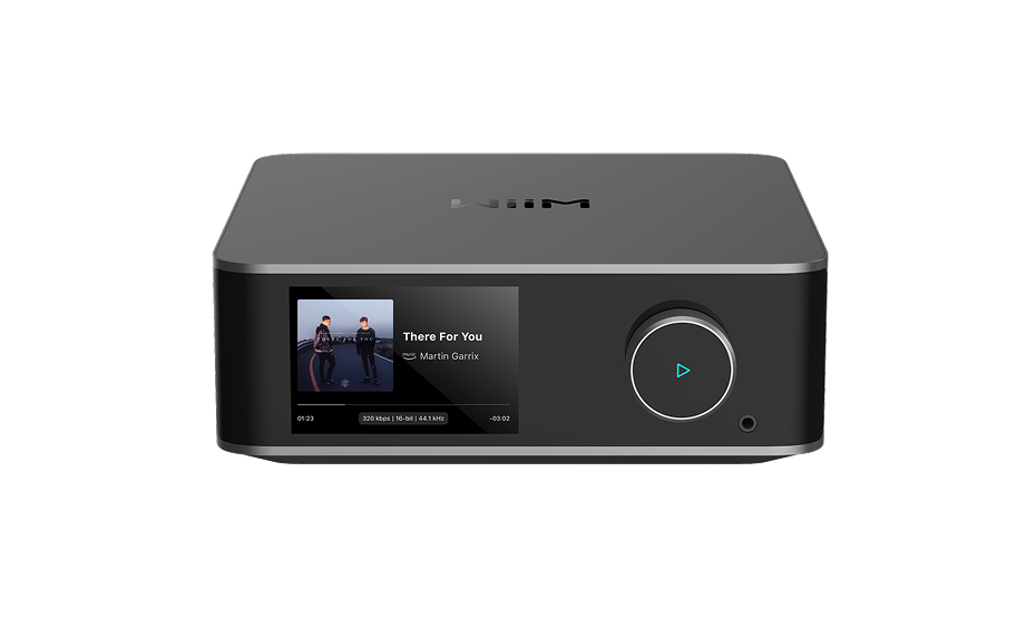 WiiM Ultra music streamer with 3.5 inch touchscreen showing album art
