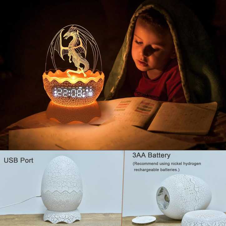 MTDYHY egg-shaped alarm clock glowing at night, from the Dragon Egg model in the same design family as the Dinosaur Egg clock