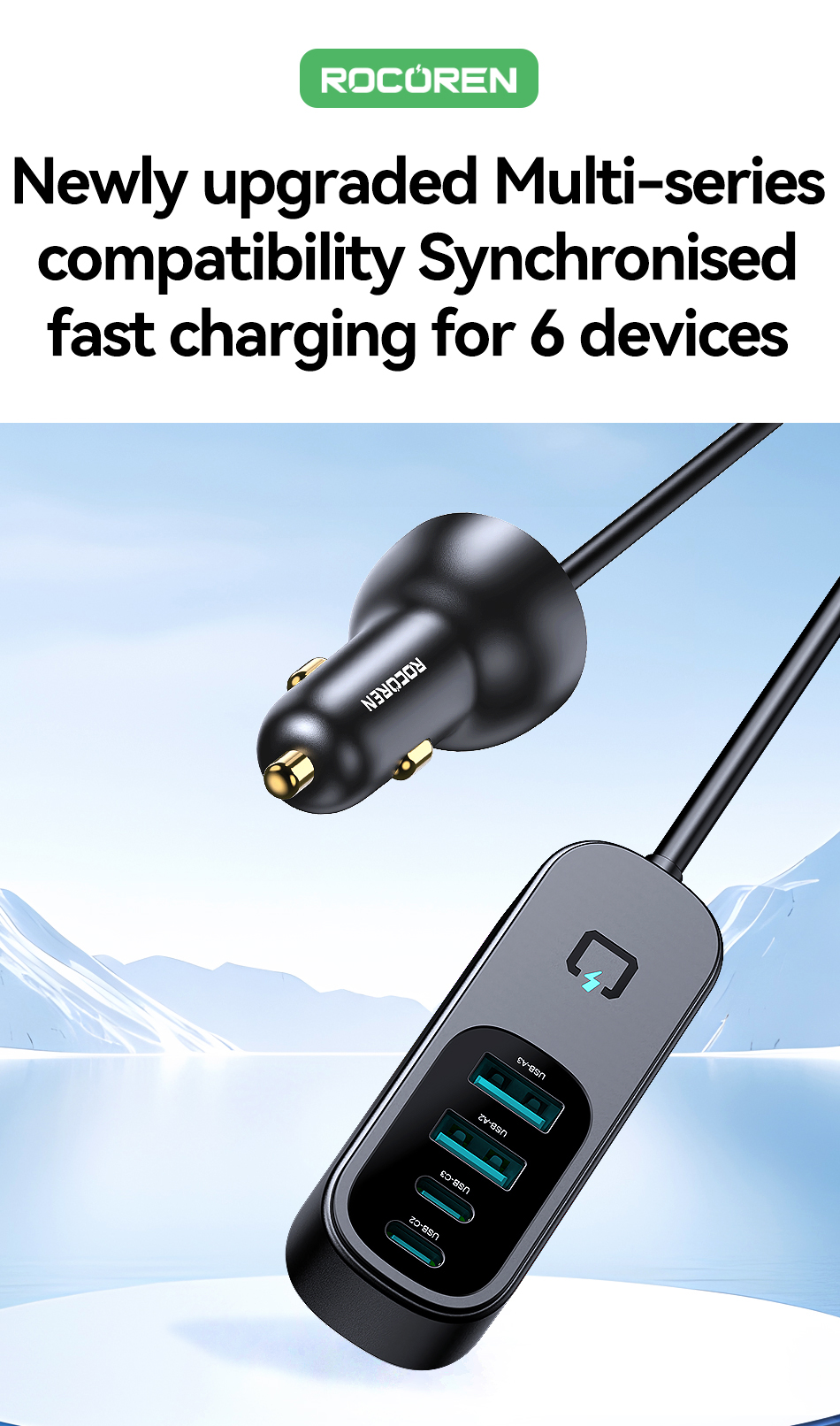 Rocoren 105W 6-port car charger with 5-foot extension cable plugged into a car's 12V socket