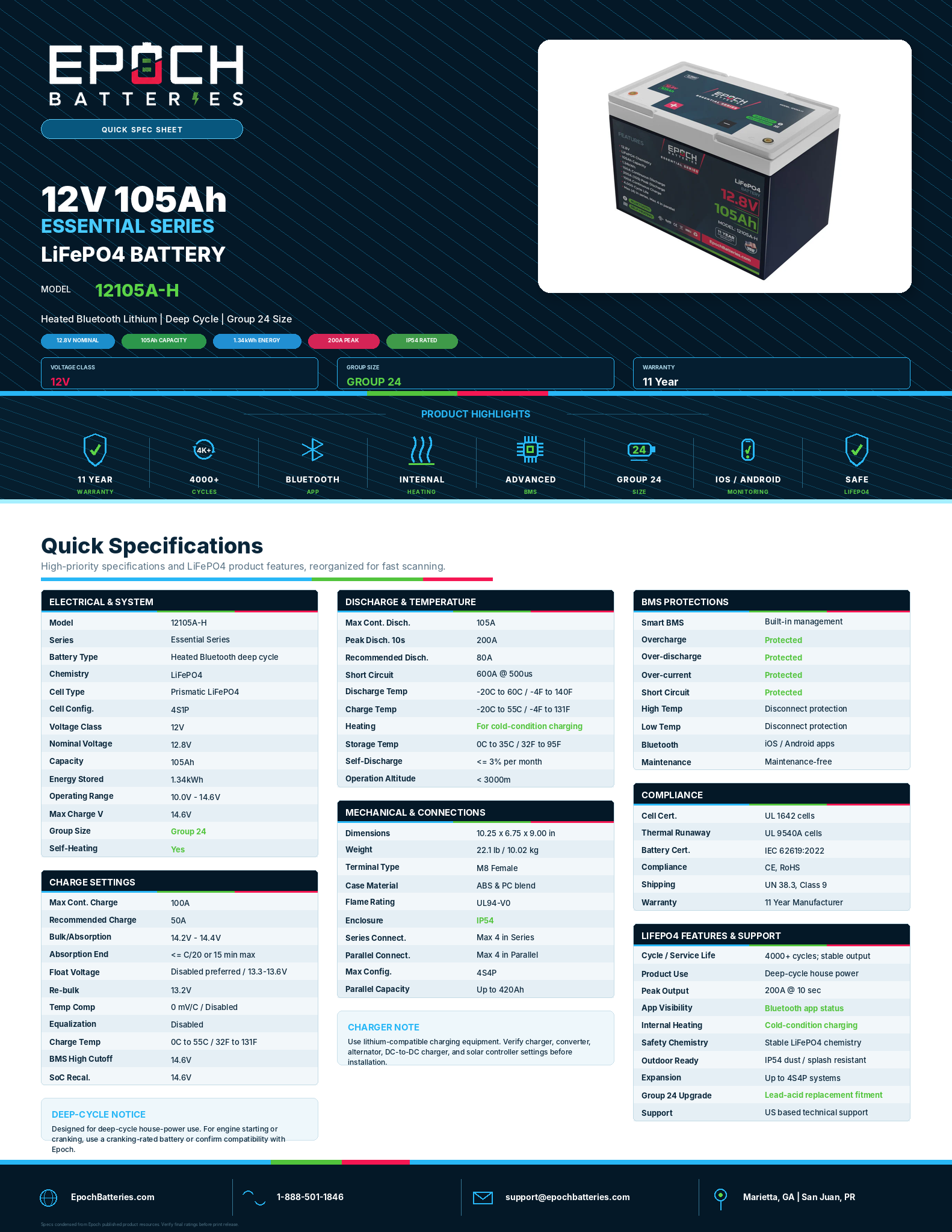 Epoch 12V 105Ah Essential Series quick spec sheet
