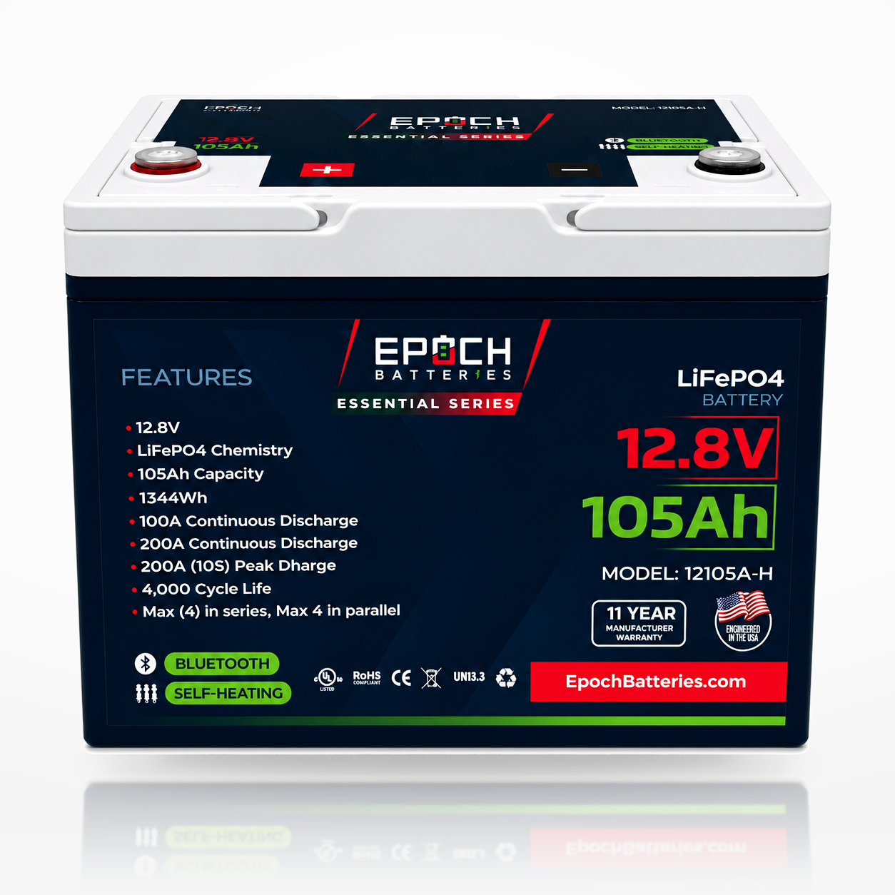Epoch 12V 105Ah Essential Series LiFePO4 battery with Bluetooth and internal heating