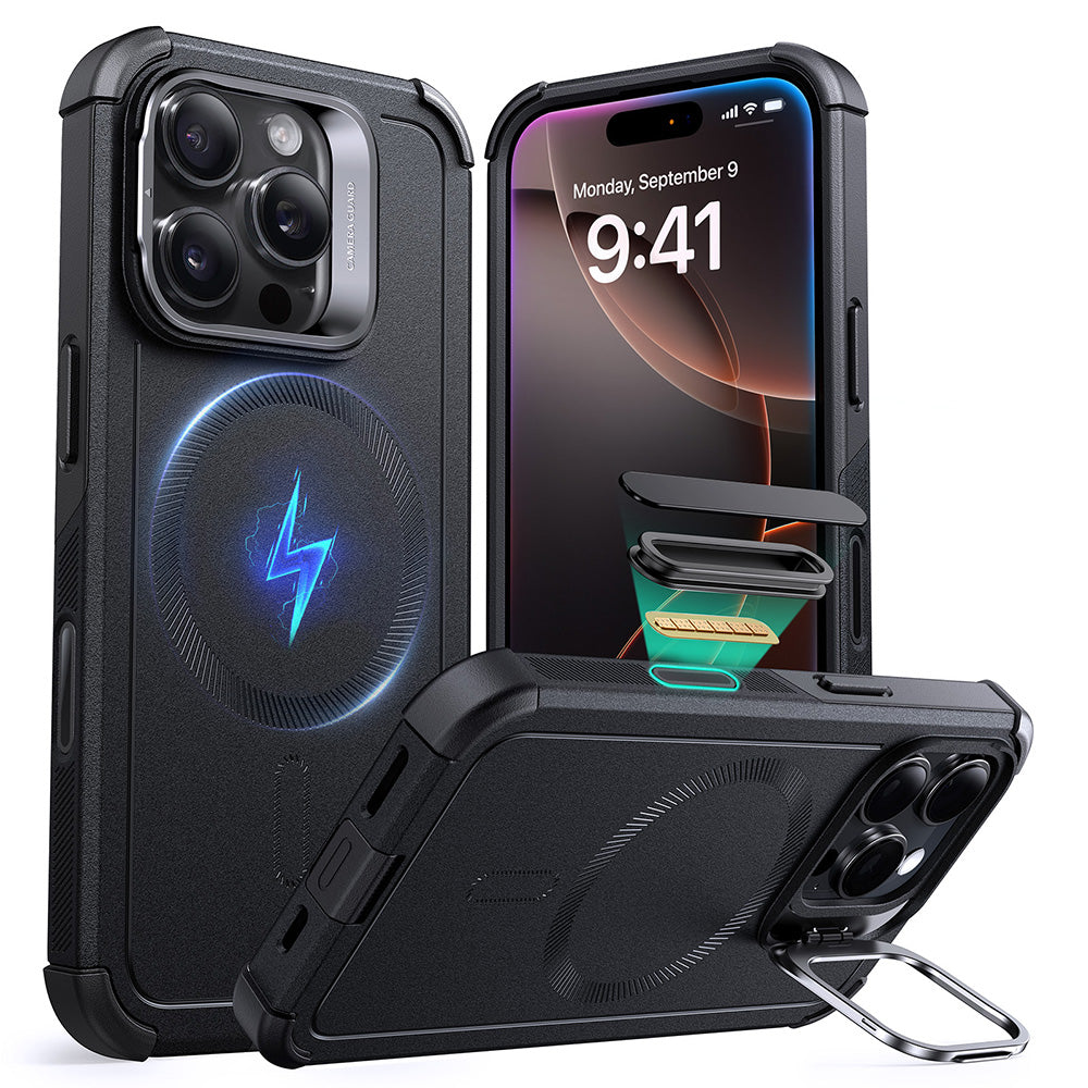 ESR Cyber Series case with kickstand for iPhone 16 Pro in black