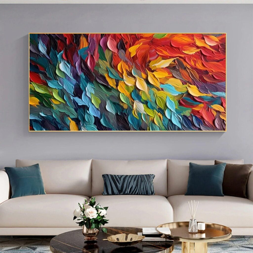 Whispers of Light textured abstract oil painting in blue, green, and orange tones from Artextured