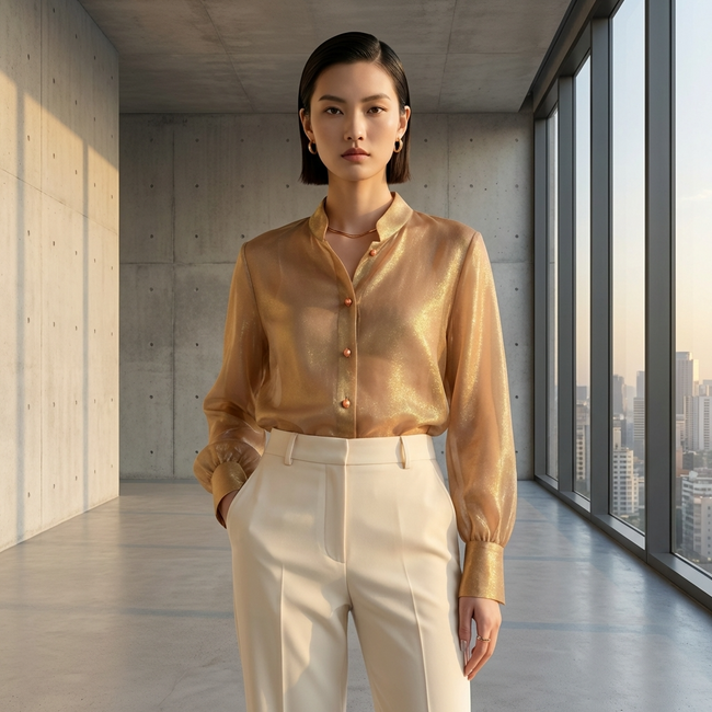 Champagne mulberry silk jacquard blouse with lantern sleeves and pearl buttons