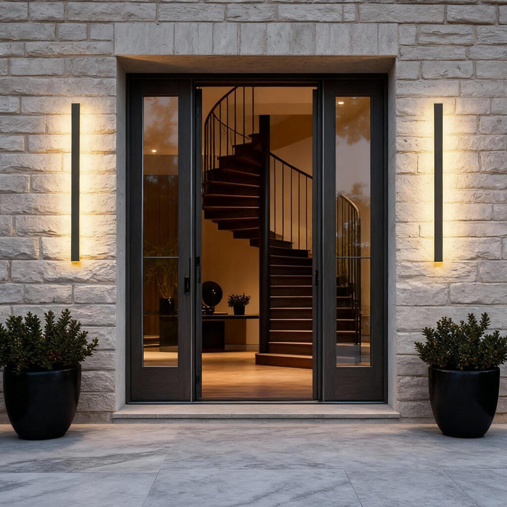 Dazuma outdoor strip wall light glowing beside a modern house entrance
