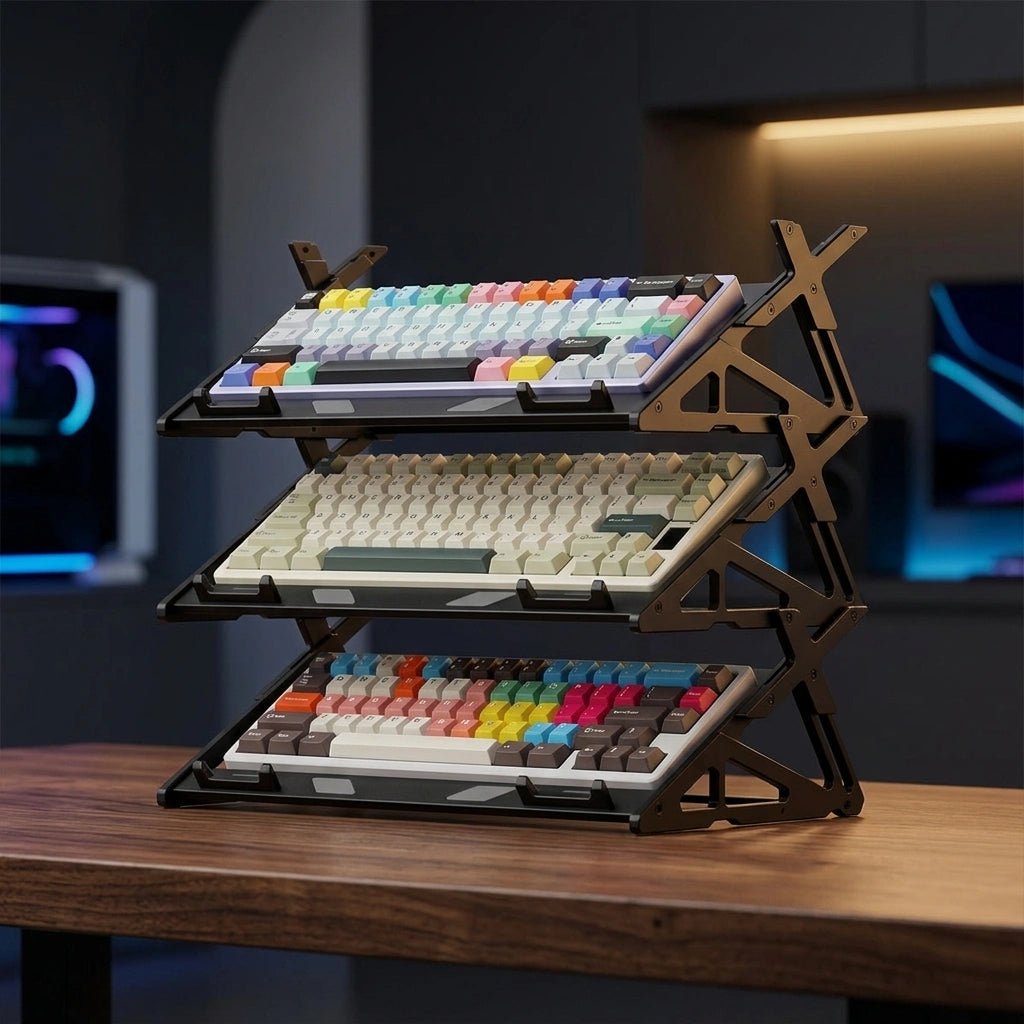 Peakzooc Apex Keyboard Display Stand in CNC aluminum on a desk