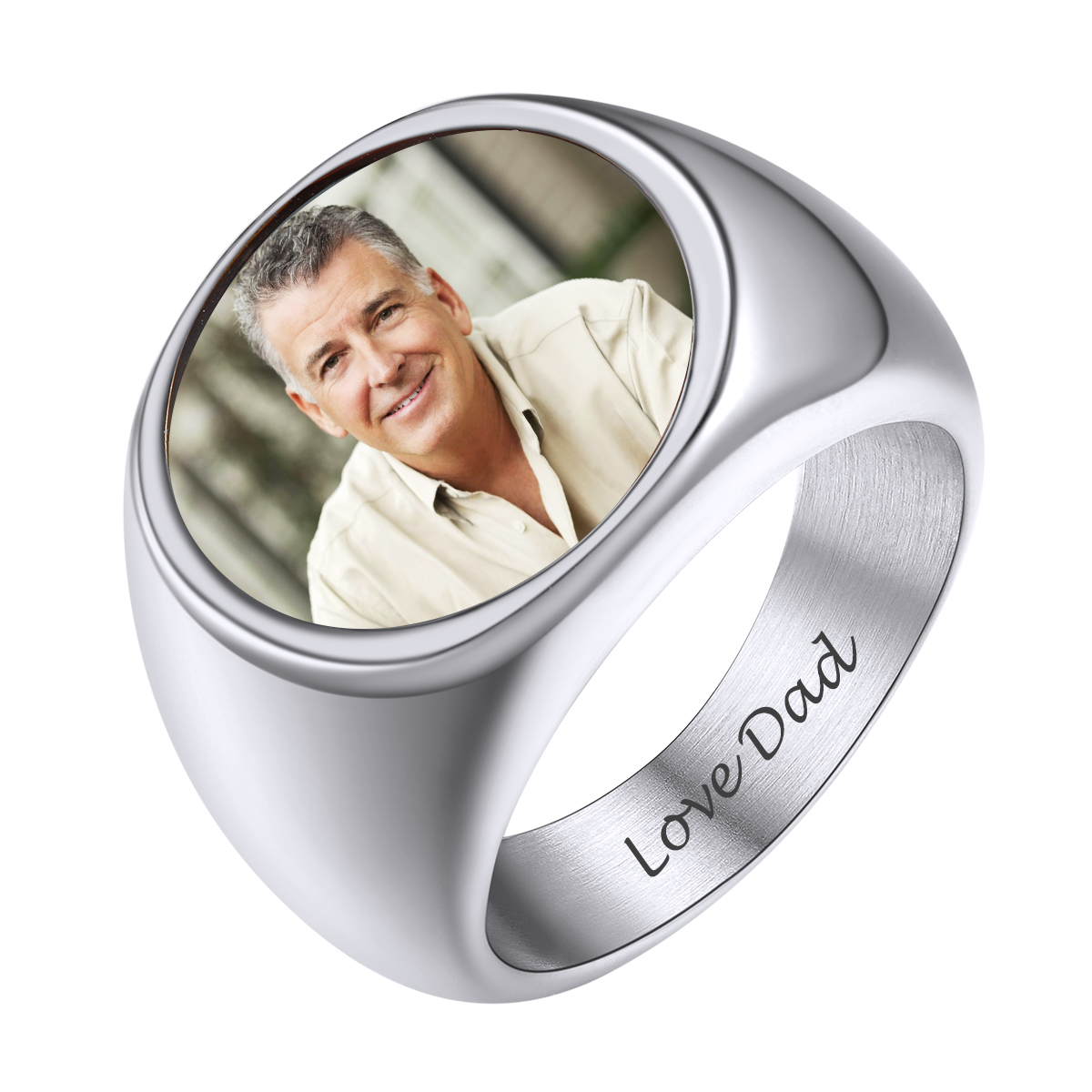 Custom4U picture signet ring for men with photo engraving, silver stainless steel