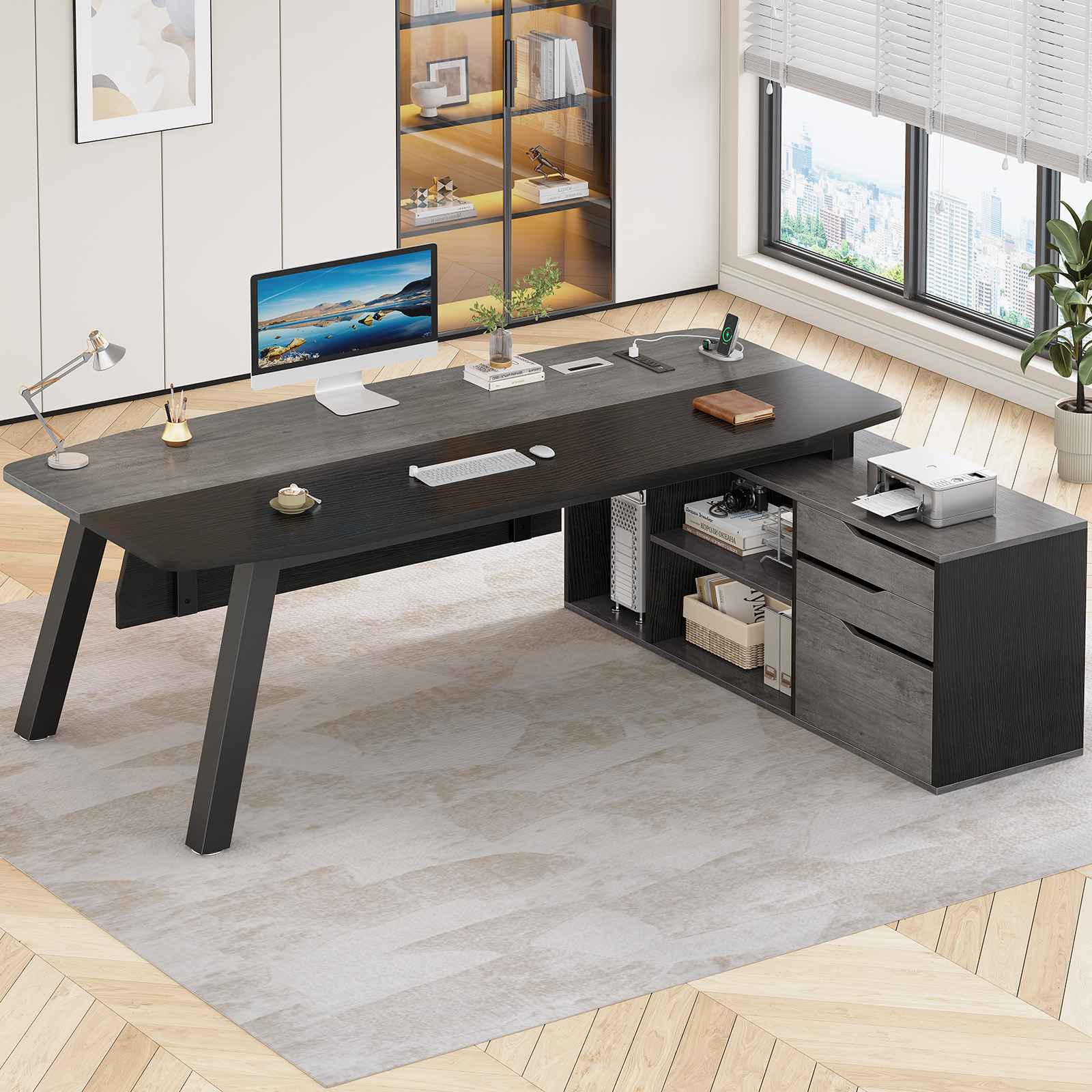 SEDETA 71 inch Executive Desk with File Cabinet in walnut finish