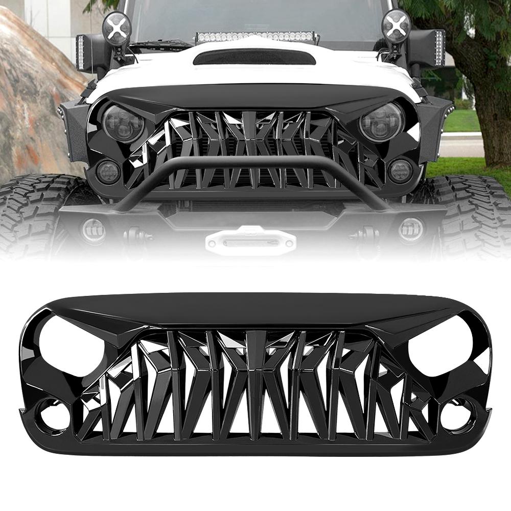 AM Off-Road Shark Grille in glossy black installed on a Jeep Wrangler JK