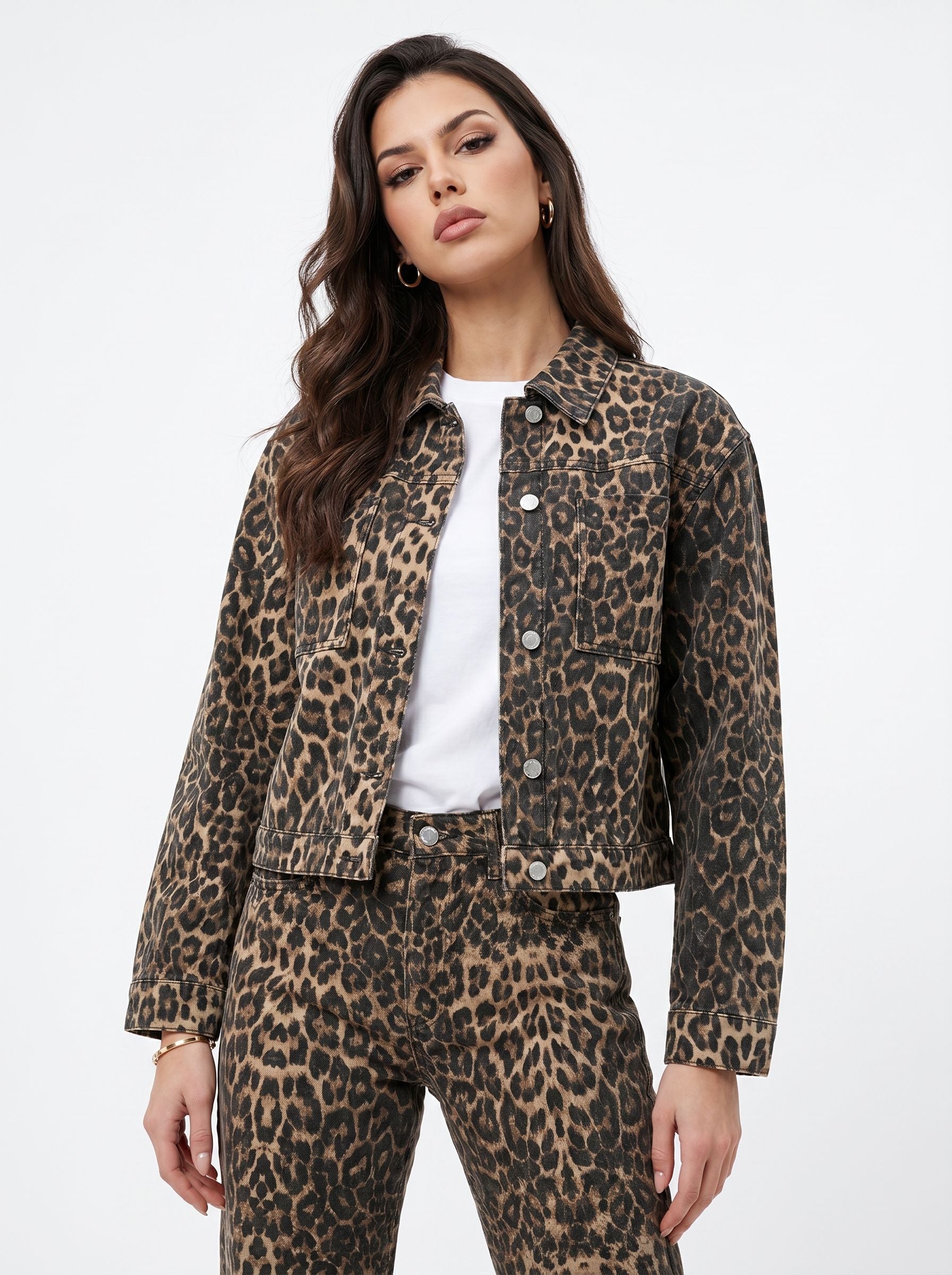 MUSETOPIA Leopard Print Cropped Denim Jacket styled with jeans