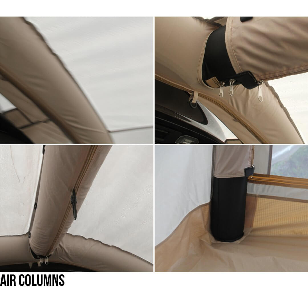 Tentsla X1 tent set up beside a Tesla with the trunk connector attached