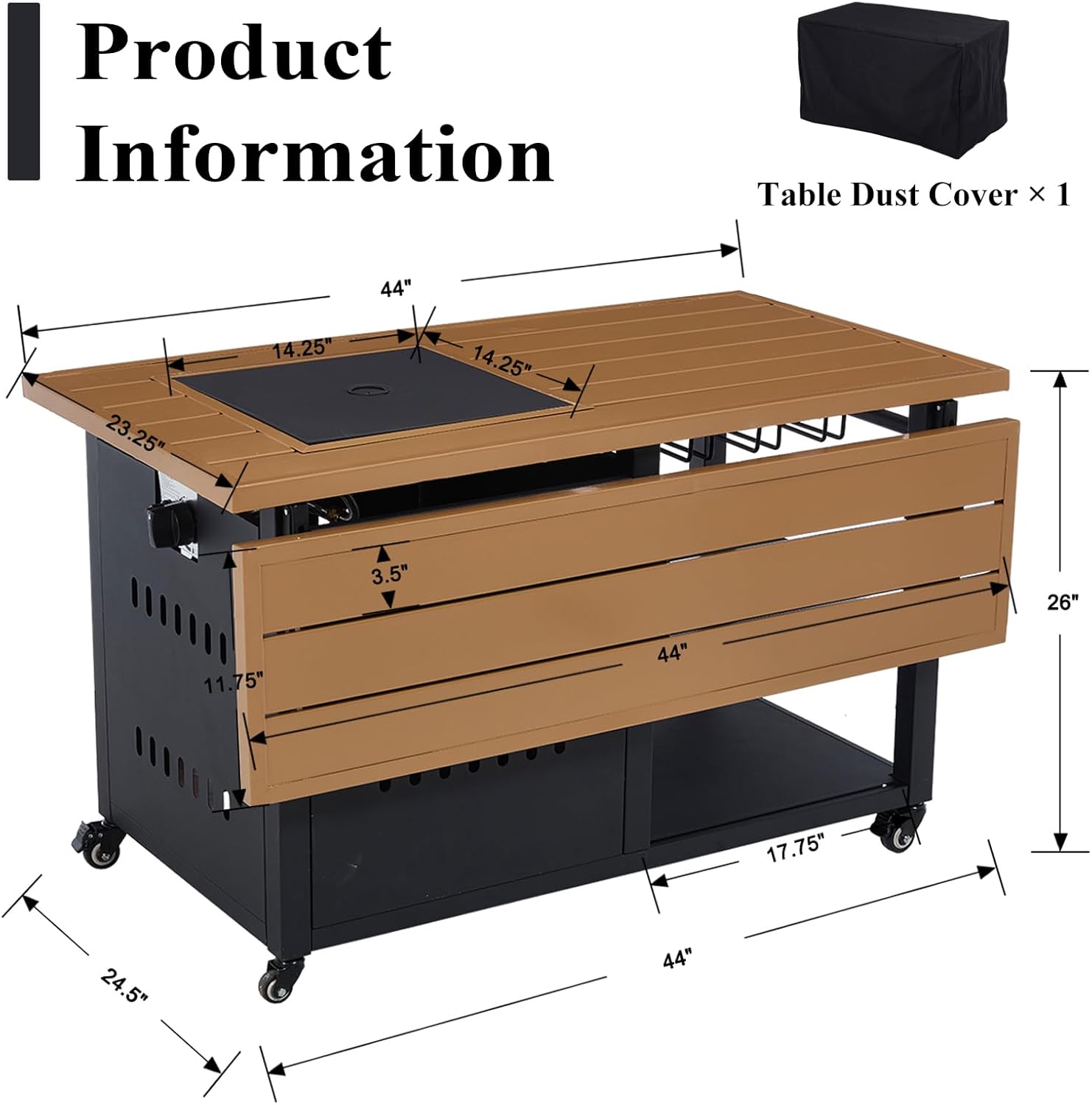 DM Furniture fire pit table product dimensions diagram showing 44 inch length and 26 inch height
