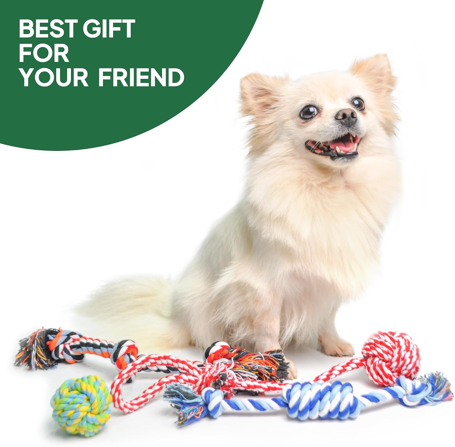 TwoEar Dog Rope Toy 4 Pack size chart showing 2.2 inch knot ball, 13.3 inch and 15.3 inch rope lengths
