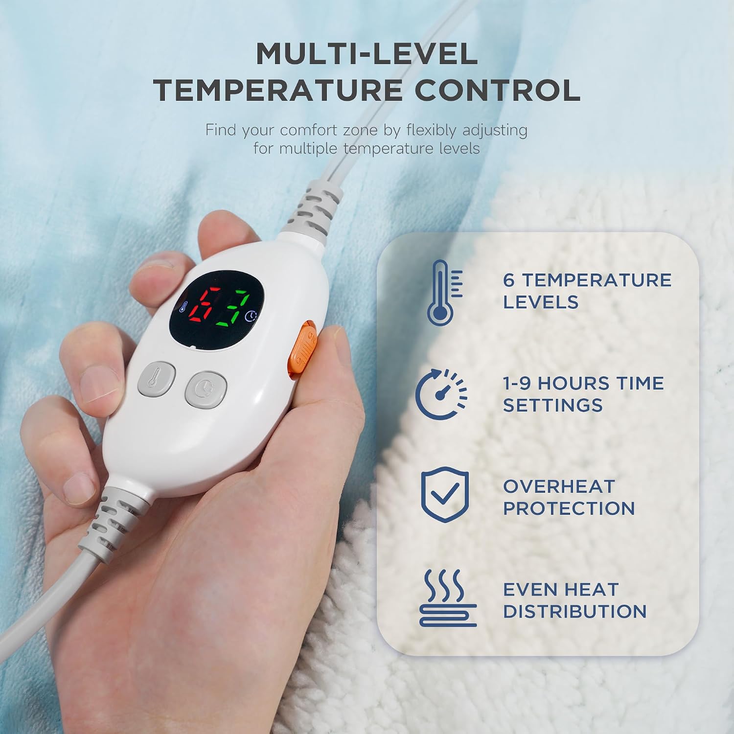 Templewet controller in hand showing the digital display with 6 temperature levels, 1 to 9 hour timer, and overheat protection