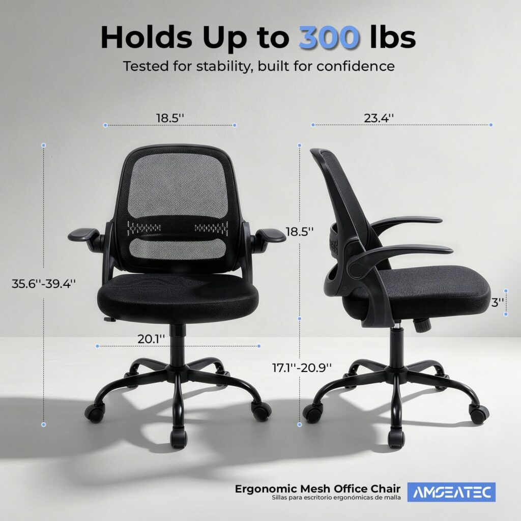 AMSEATEC Mesh Office Chair side view showing mesh back and flip-up arm