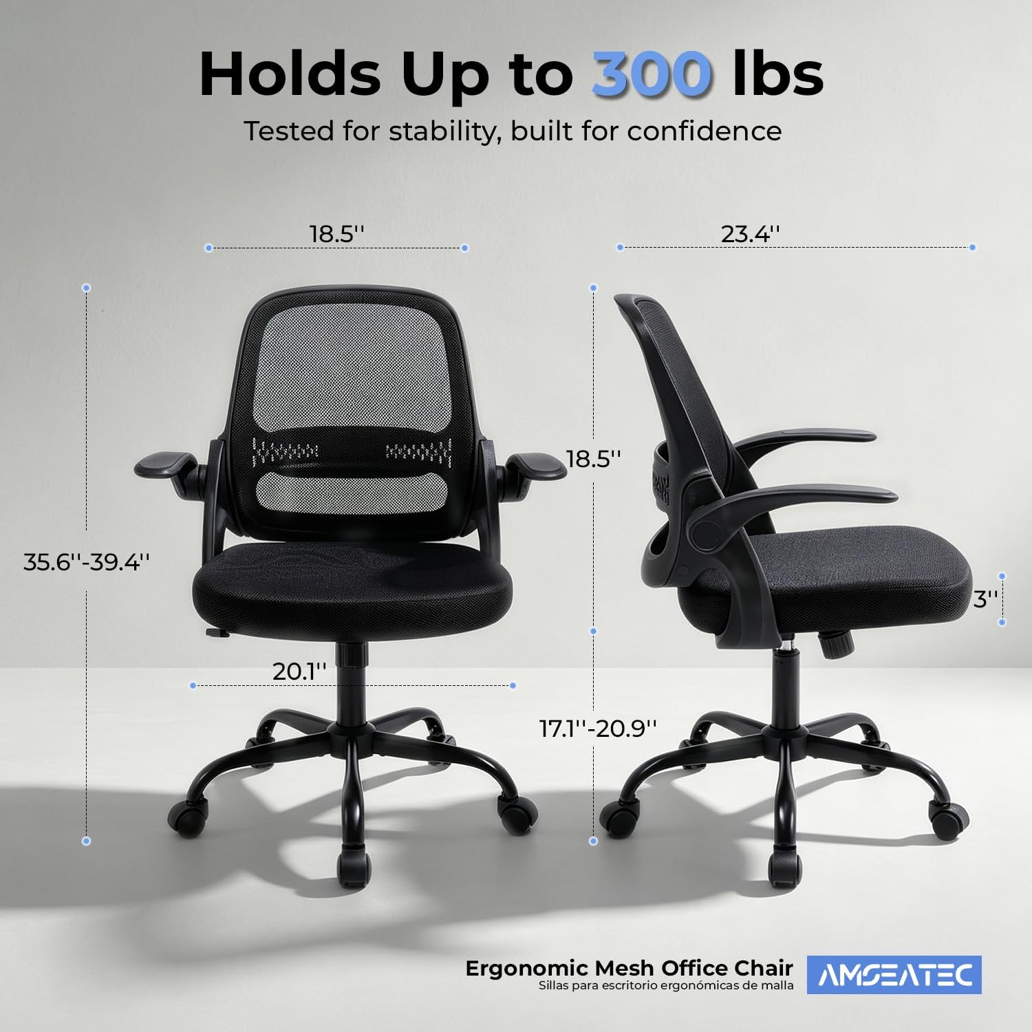 AMSEATEC Mesh Office Chair side view showing mesh back and flip-up arm