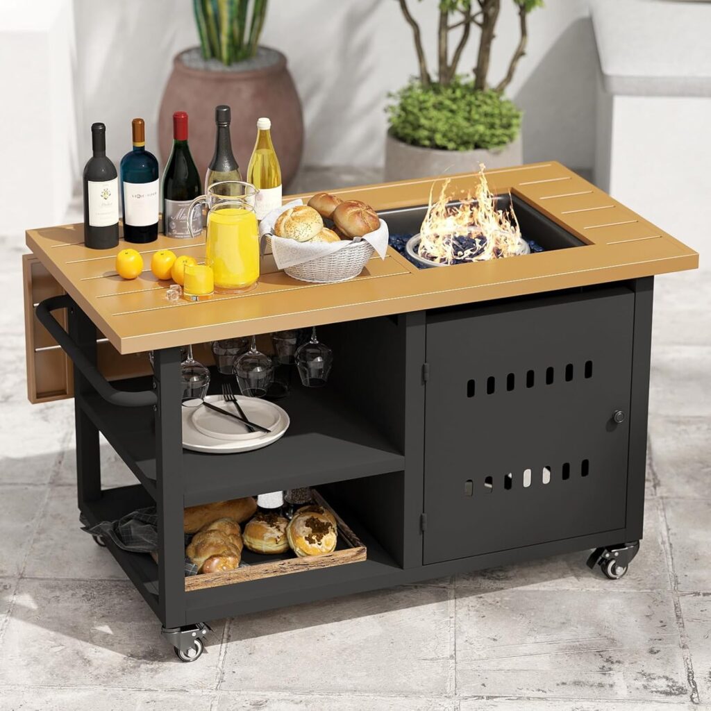 DM Furniture 44-inch propane fire pit table set up for entertaining with wine and food on top