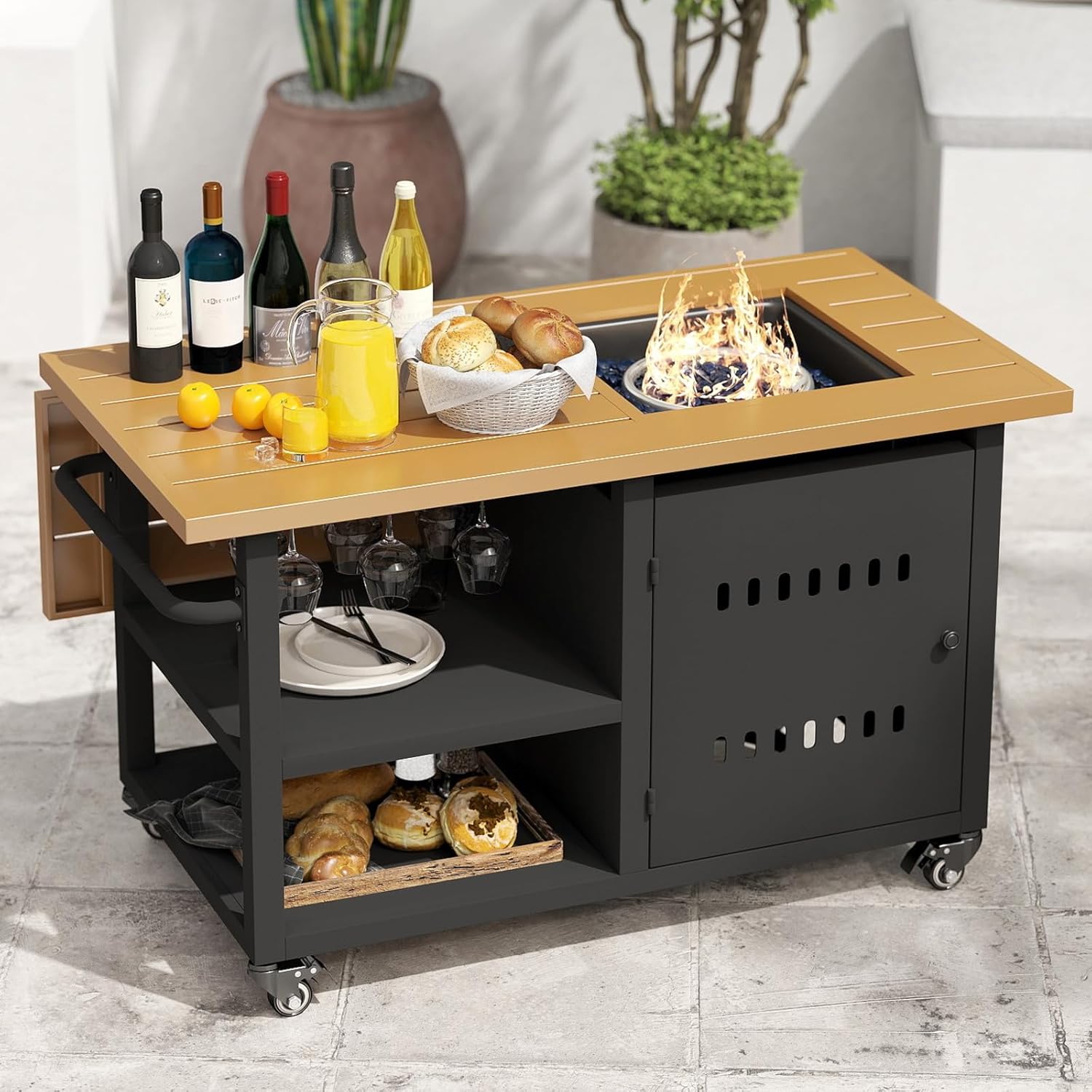 DM Furniture 44-inch propane fire pit table set with drinks and food on the tabletop