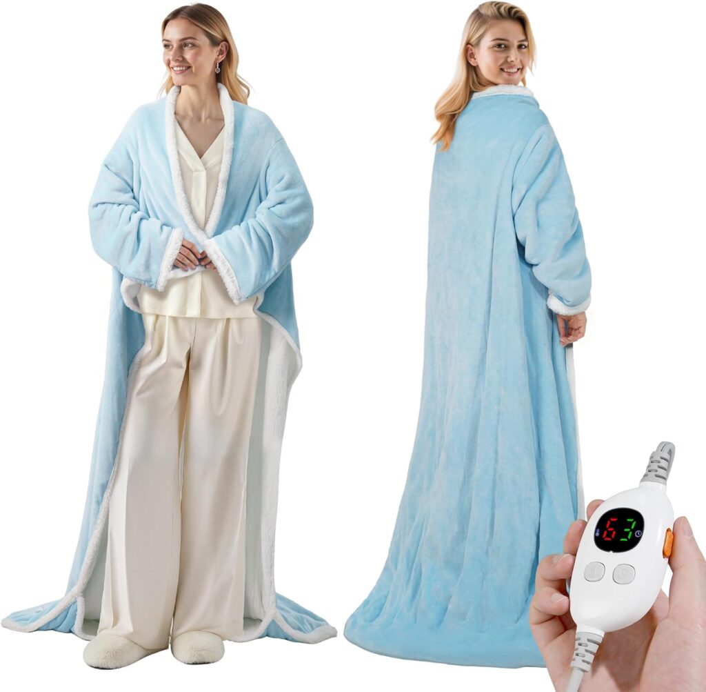 Templewet's wearable heated blanket throw, shown from the front and back with its handheld controller
