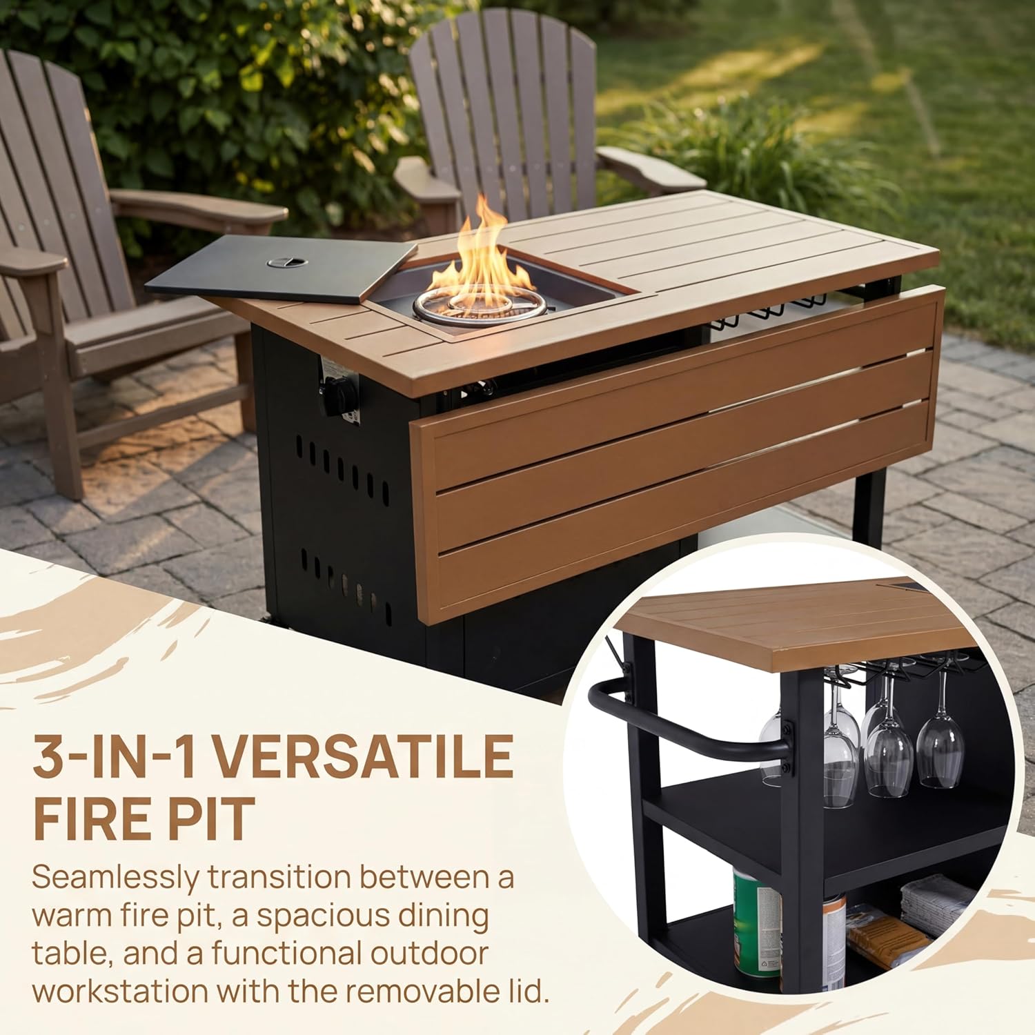 DM Furniture fire pit table with lid removed showing lit flame and wine glass rack underneath