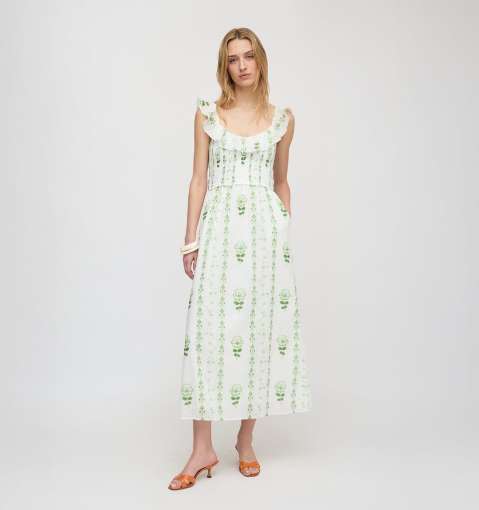 The Cambria Nap Dress in Arcadia Border white and green from Hill House Home